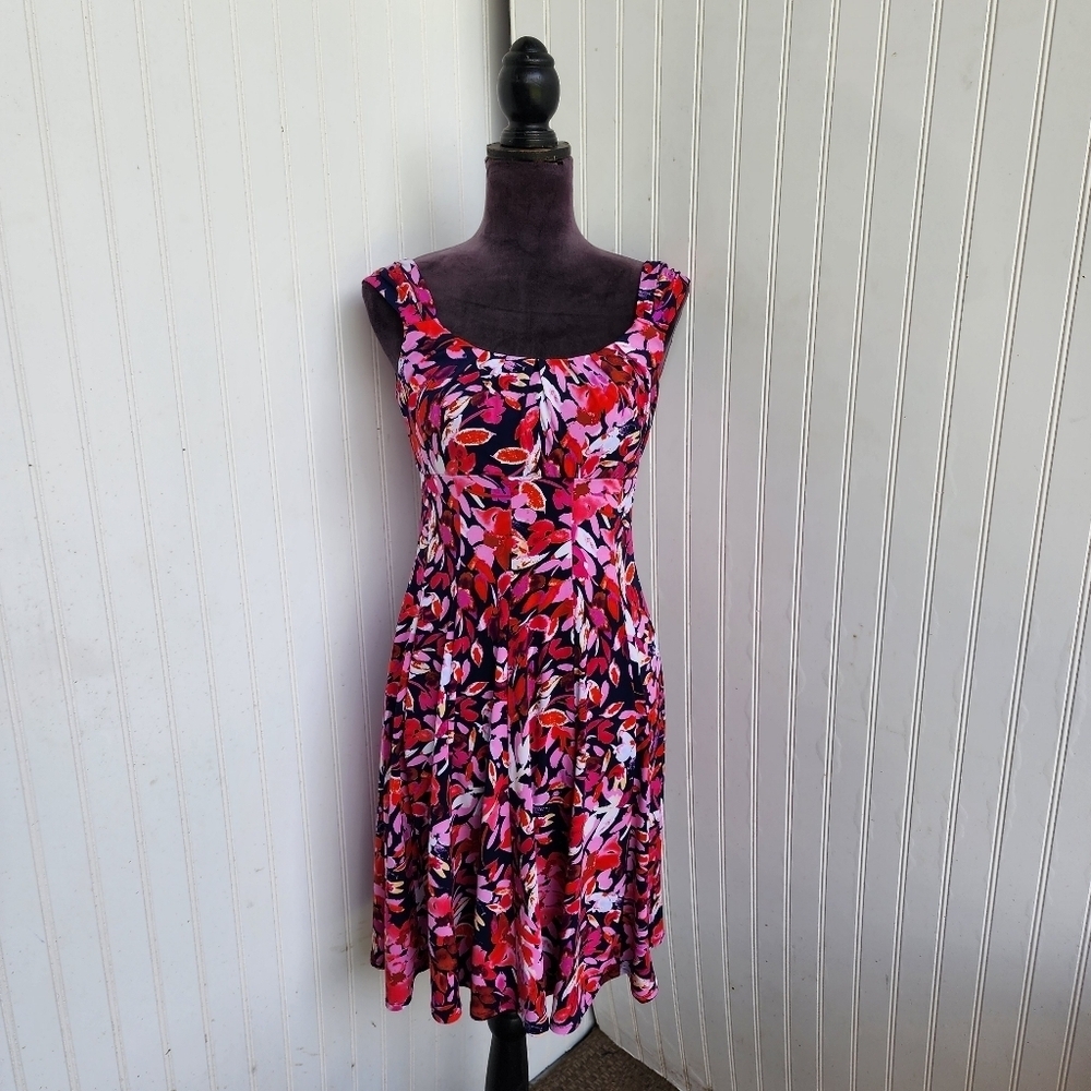 London Times Red Pink Navy Floral Empire A-Line Social Summer Dress Stretch Sz 6